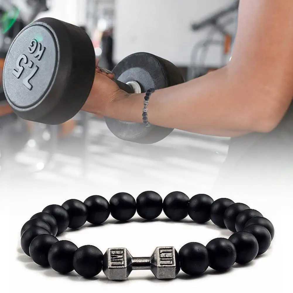 Natural Black Volcanic Molten Rock Dumbbell Bracelet Black Matte Bead Bracelet Fitness Barbell Jewelry Pulseras Women W240913
