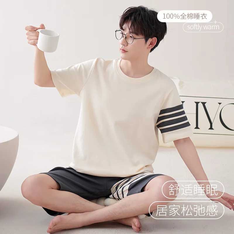 High Quality 100% Cotton Pajamas Suit Mens Summer Thin Loose Short Sleeve Loungewear Set Breathable Comfy Sleepwear Male Autumn Y240913