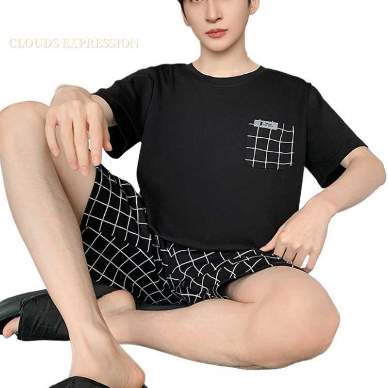 Summer Faux Cotton Knitted Short Sleeved Mens Pajamas Sets Polka Dots Black Pajama For Men Sleepwear Suits Homewear Big 4XL Size Y240913