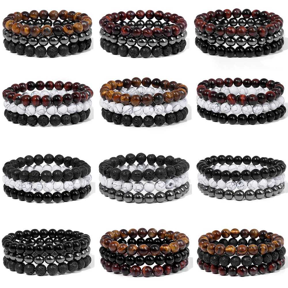 Retro Mens Stone Bracelet 3Pcs Natural Holite Lava Tiger Eye Hematite Bead Elastic Bracelet Set Treatment Energy Jewelry Gift W240913