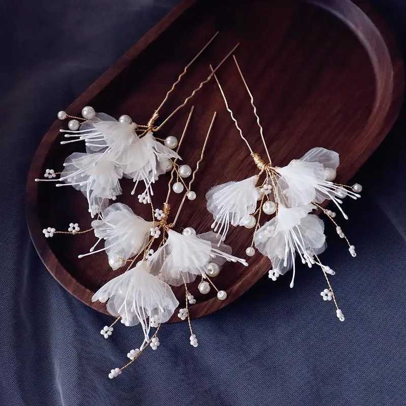 Fabric Floral Bridal Hair Pins Clips Gold Color Pearls Wedding Hair Pieces Women Accessories HandmadeX240913