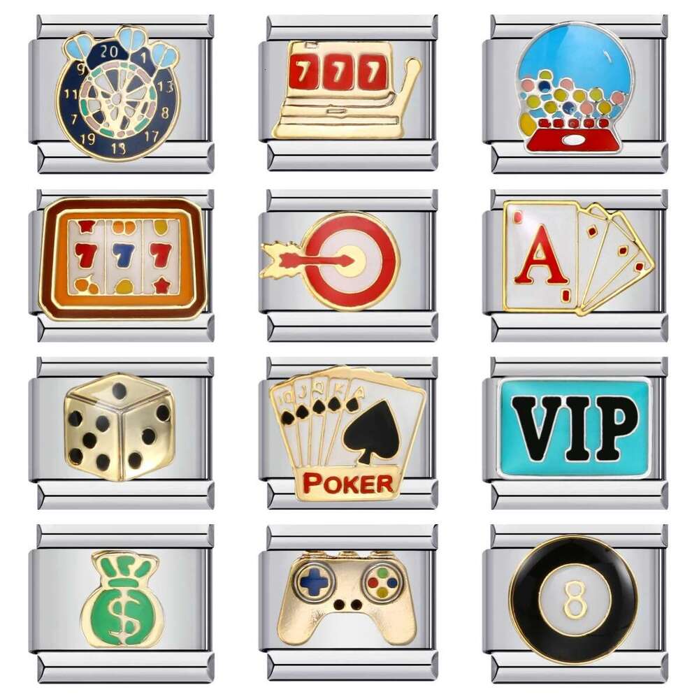 New Chess And Card Entertainment Bead Gold Plated Enamel Personalized DIY Welding Bracelet Italian Charm Links Fit 9Mm Bracelet Jewelry DIY Making Gif