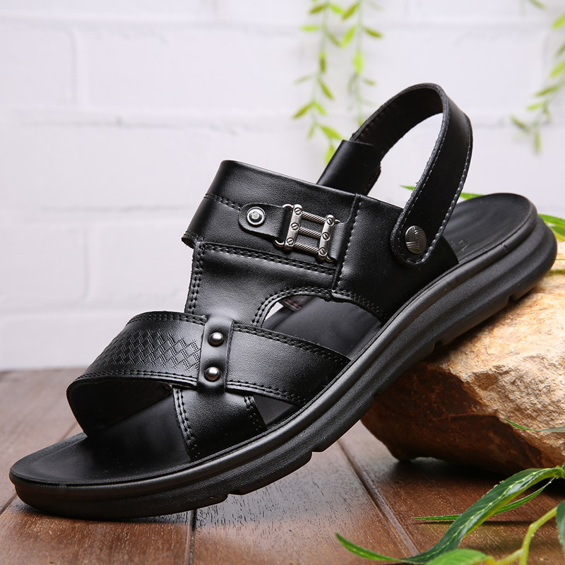 Men Summer Sandal Brand Leather Beach Sandal Male Adult Slipon Men Casual Shoe Black Brown Big Size Comfortable Outdoor Slippers