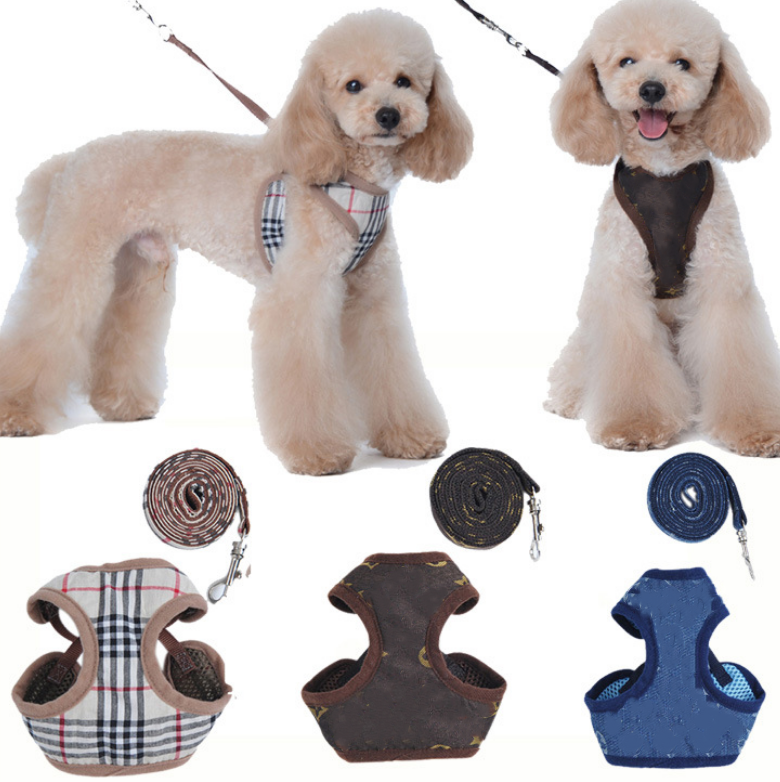 Dog Harness Leashes Set Classic Pattern Pets Collars Leash Breathable Mesh Pet Harnesses for Small Dogs Poodle Schnauzer B89