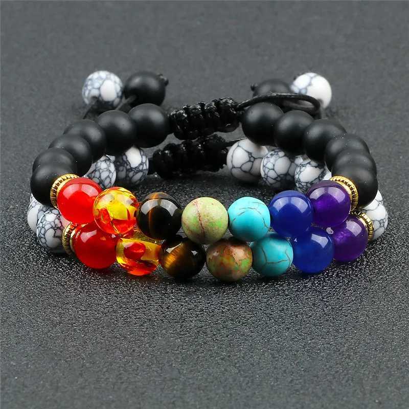 Mens 8mm natural bead bracelet with fused rock 7 chakras adjustable womens rope chain yoga couple bracelet W240913