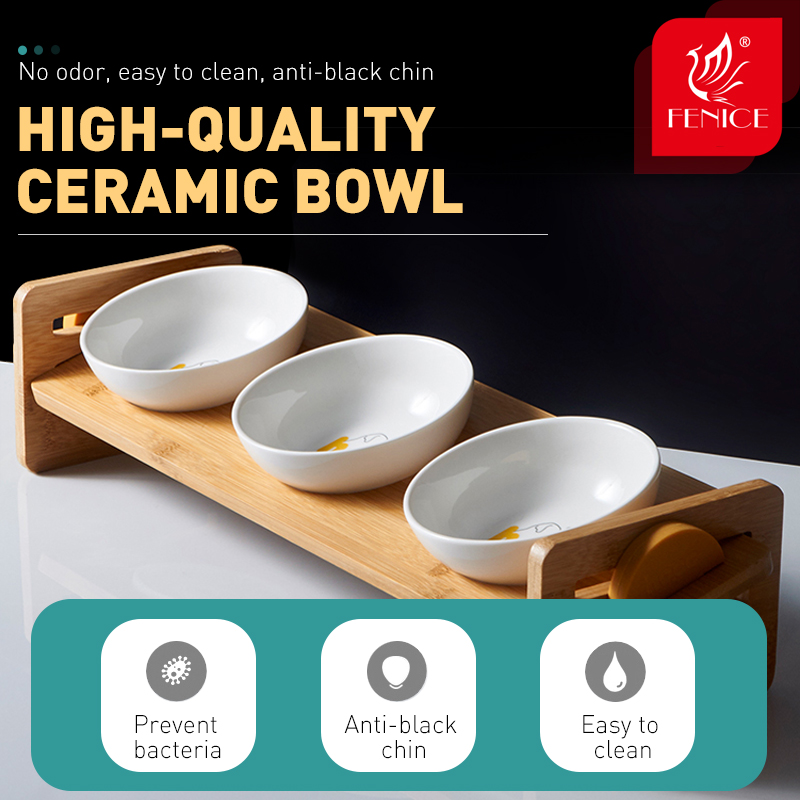 Fenice Cat Raised Bowl for Cats and Small Dog Adjustable Elevated Bamboo Stand Cats Food and Water Drinker Ceramic Bowls