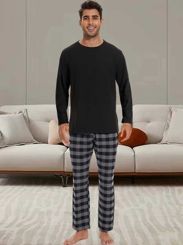 Mens Homewear Set Pajamas Long Sleeve Fashion Daily High Quality Solid Colour Pajamas Plaid Pajama Pants Set Y240913