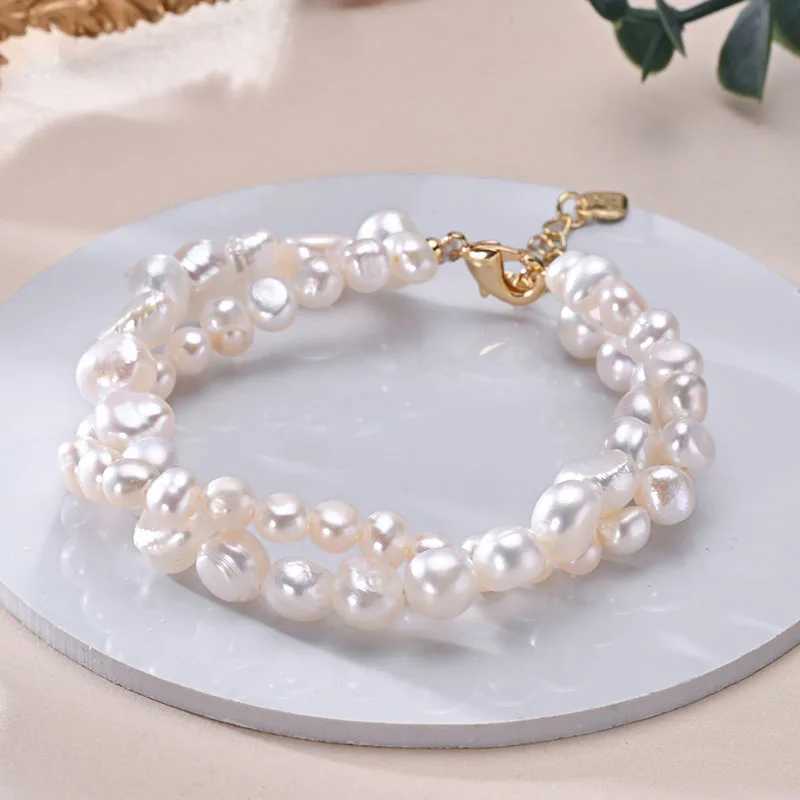 Natural freshwater pearl double-layer bead Baroque shaped bracelet S925 pure silver chain exquisite womens jewelry gift W240913