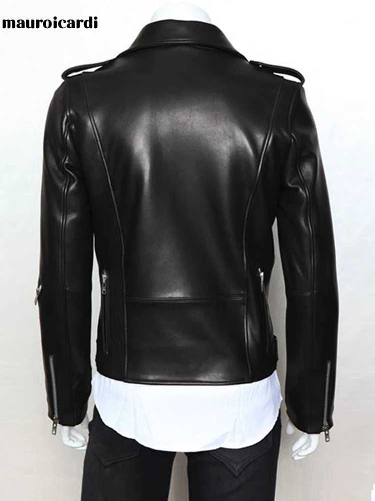 Mauroicardi Spring Autumn Cool Black Soft Faux Leather Jacket Men with Many Zippers Long Sleeve Belt Plus Size OuterwearX240913