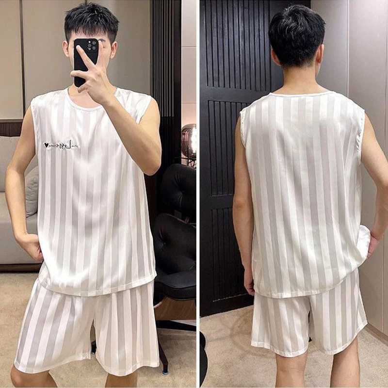 Summer Stripe Mens Pajamas Ice Silk Shorts Two Piece Sleepwear Casual Sleeveless Male Pajama Set Homewear Y240913