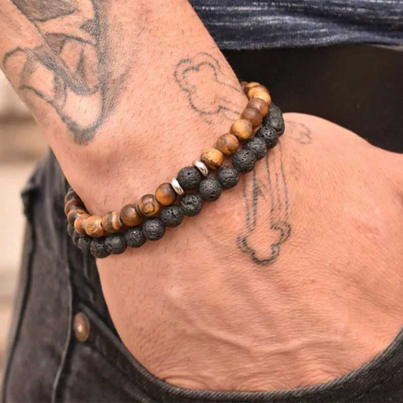 2 pieces/set couple distance bracelet male black lava stone bead bracelet female wooden bead charm bracelet W240913
