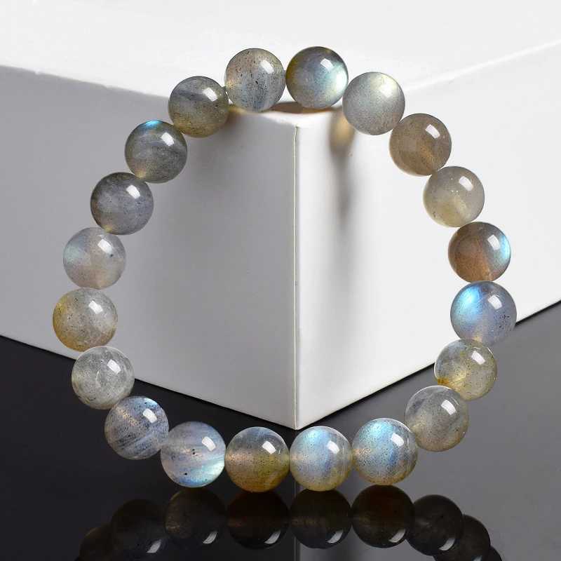 Natural Grey Labrador Bracelet Sparkling Smooth Spectral Stone Moonstone Round Elastic Bead Bracelet True Natural Stone Jewelry W240913