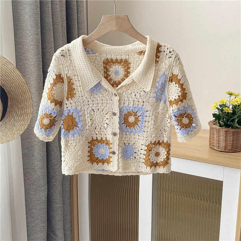 Granny Square Crochet Buttonup Top Short Sleeve Sheer Openknit Crop Cardigan for Women Teengirl Fairycore Vintage Outfit 240910