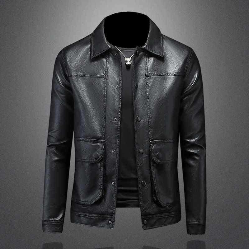 Autumn and winter mens jacket with a lapel and single breasted slim fit leather jacket motorcycle leather jacket M-4XLX240913