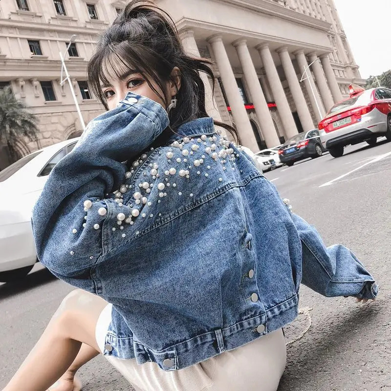 Retro denim jacket womens clothing autumn Korean fashion version polo neck short jacket beads loose casual jacket womens top 240906