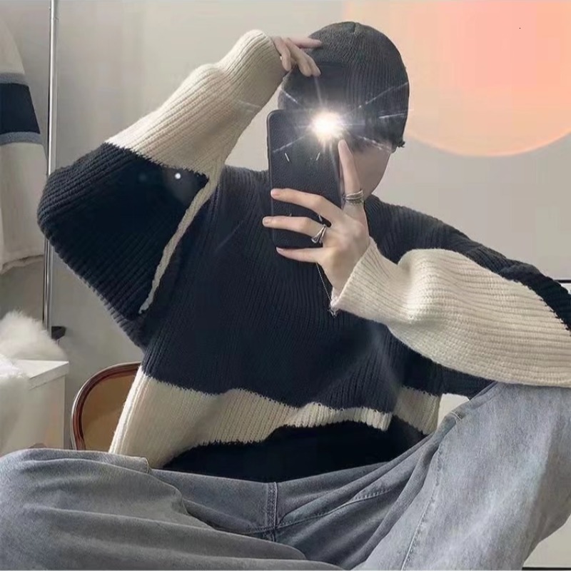Men Sweaters Color blocking round neck sweater men autumn and winter trend thick knit sweater loose and lazy style hundred tie jacket Mens crew neck s