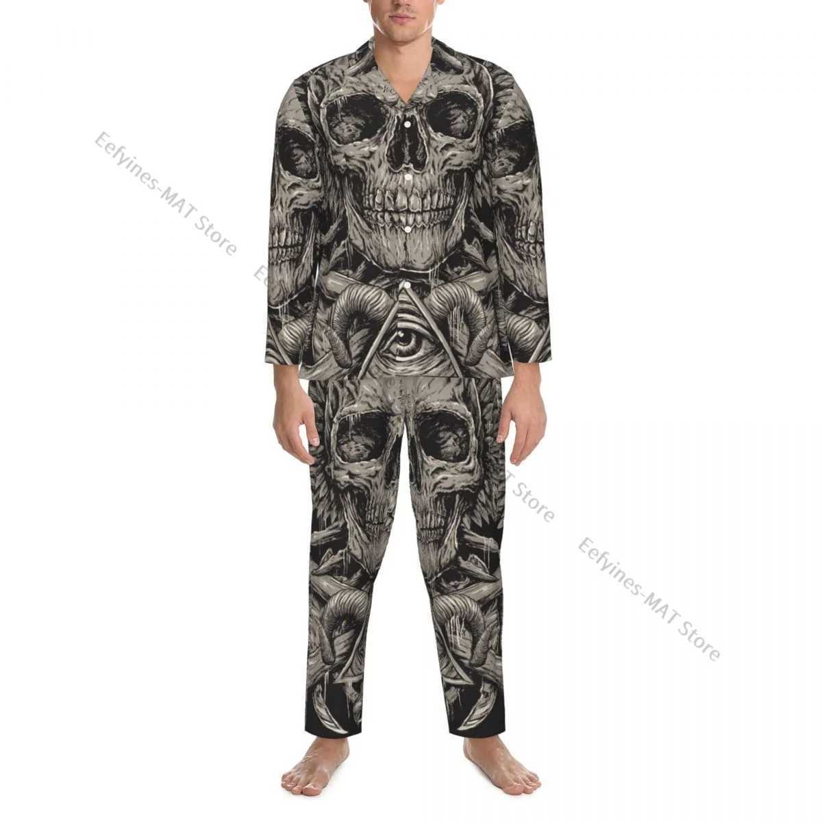 Mens Pajamas Sets Home Suits Heavy Metal Inspired Skull Sleepwear Loose Homewear Long-sleeved Casual Sets Y240913
