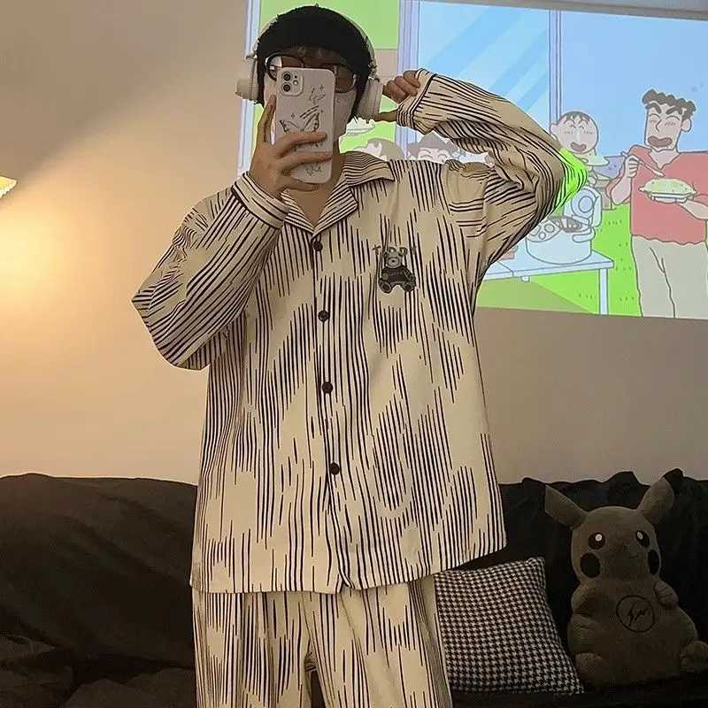 Latest Cartoon Pajamas Men Long Sleeve Nightdress Spring Autumn Youth Sleepwear Loose Casual Loungewear Set Lapel Print Pyjamas Y240913
