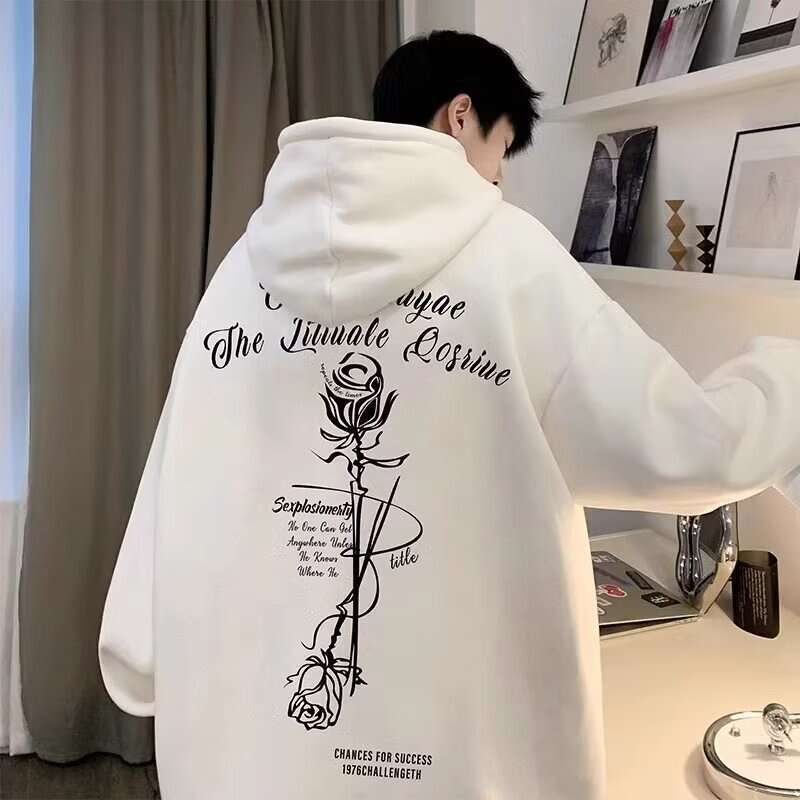 Rose Hooded Sweatshirt For Male Students, American Spring And Autumn Pullover Hoodie, Hoodie Trendy Brand, Loose And Versatile Hoodie Top, Trendy