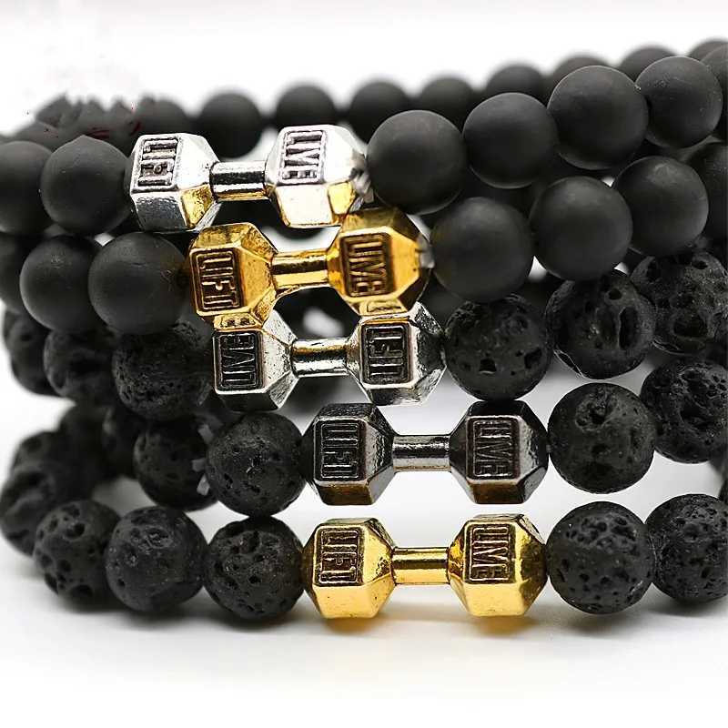 Natural Black Volcanic Molten Rock Dumbbell Bracelet Black Matte Bead Bracelet Mens Fitness Barbell Jewelry Pulseras W240913