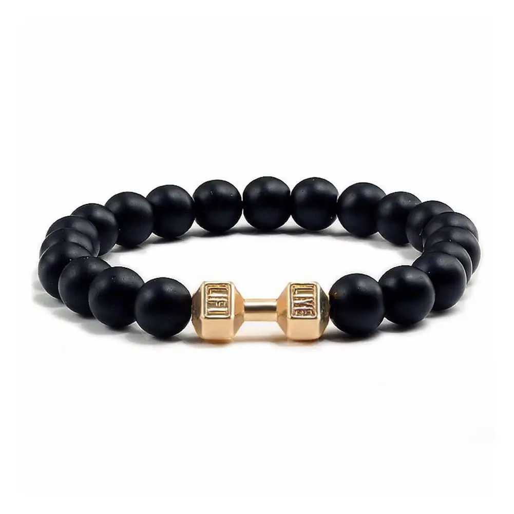 Natural Black Volcanic Molten Rock Dumbbell Bracelet Black Matte Bead Bracelet Fitness Barbell Jewelry Pulseras Women W240913