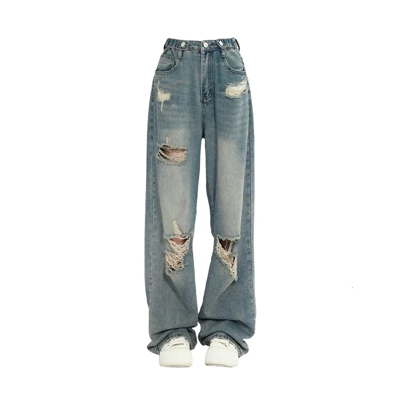 Jeans Y2K Korean Retro American ripped jeans women floor mopping high waist straight loose wide leg pants