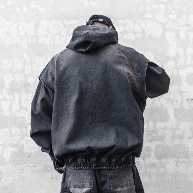 HKSH Mens Dark Structure n Heavy Weight Waste Land Denim Coat TwoPiece Safari Style Zipper Jacket Hooded HK2535 240905