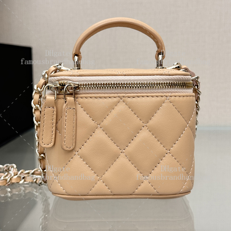 Chic Small Makeup Bag in Genuine Lambskin Leather - Durable 11CM Cosmetic Case with Luxury Chain Handle 24C18A
