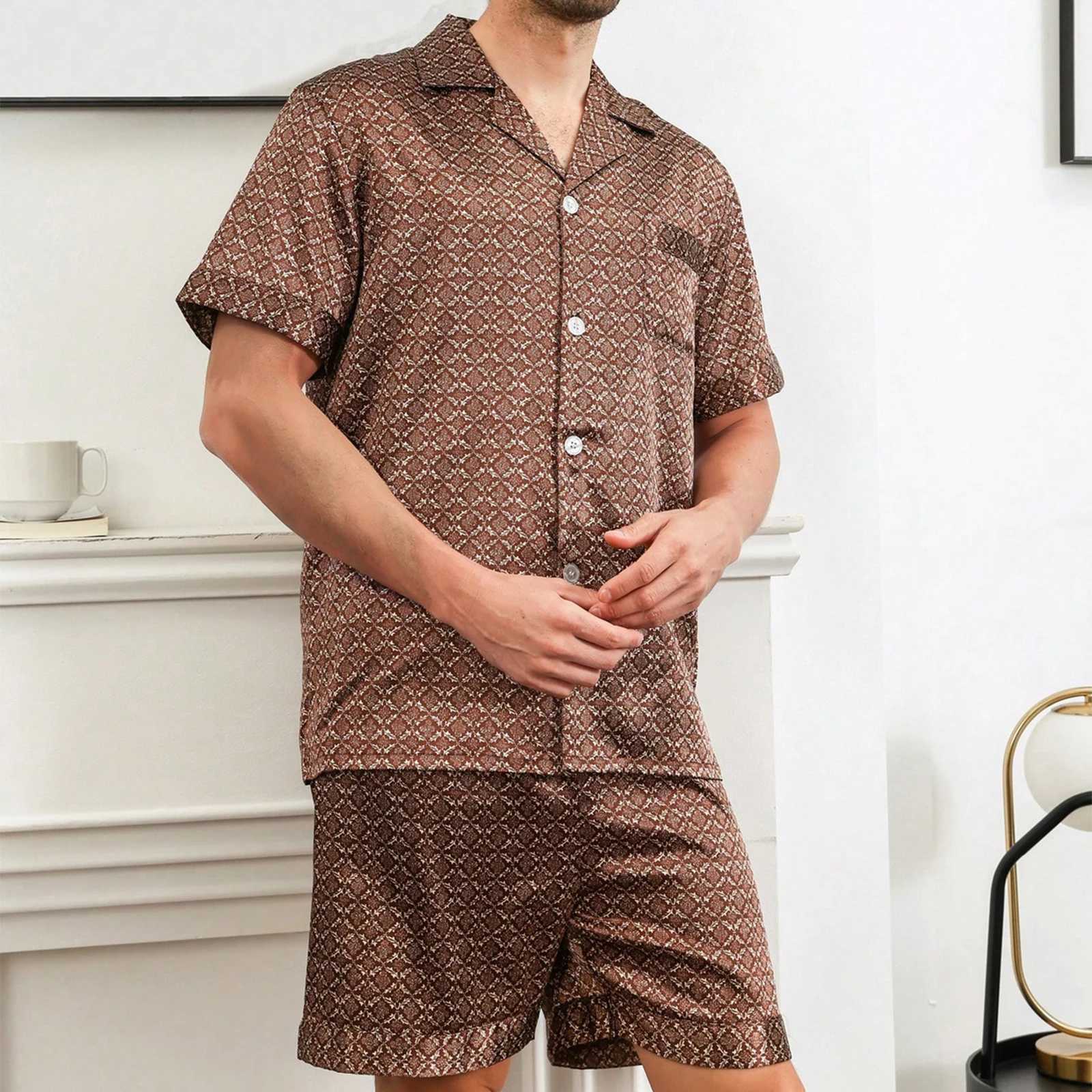 Men Silk Satin Pajamas Sets Short Sleeve Sleepwear Button-Down PJs Sets Summer Loose Two-Pieces Loungewear Y240913