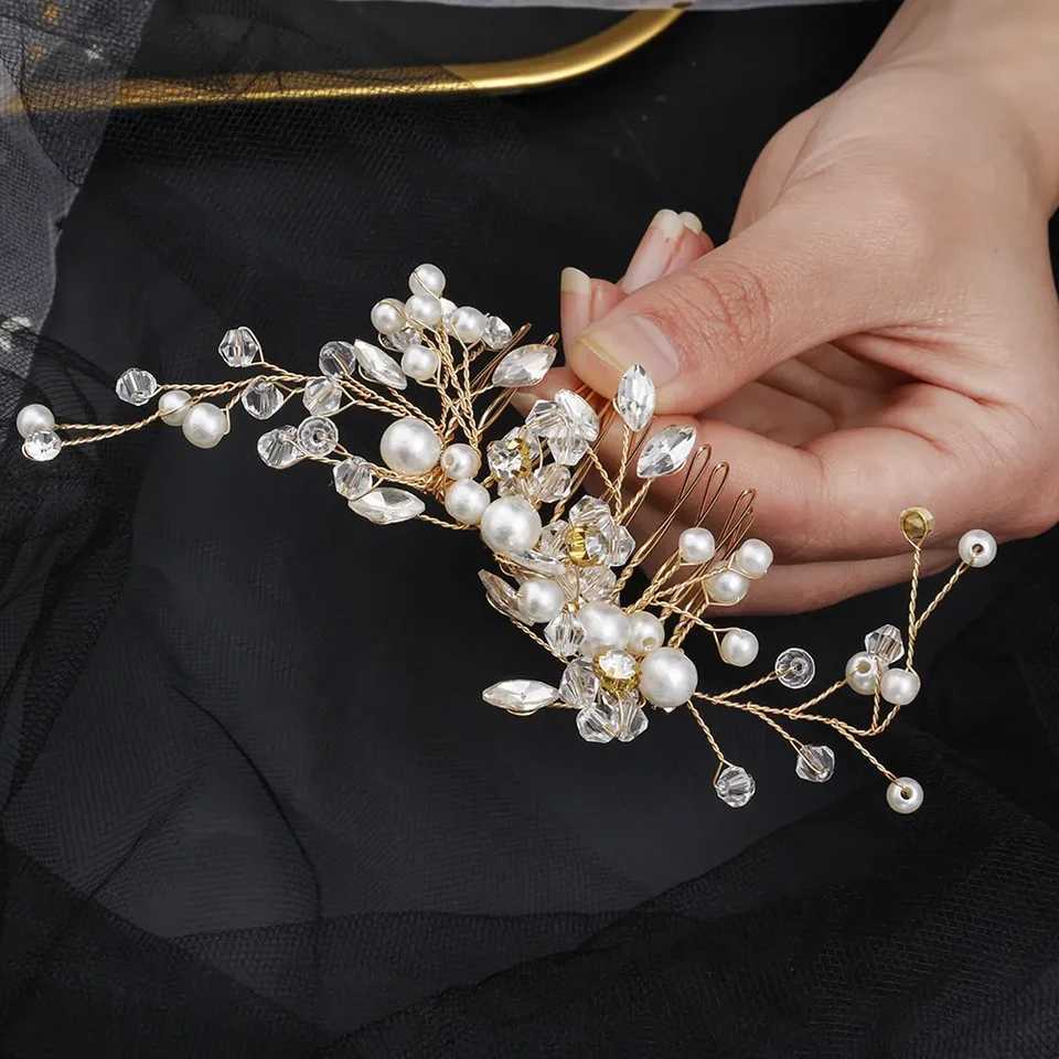 Pearl Rhinestone Bridal Tiaras Hairbands for Women Accessories Hair Ornaments Gold Color Jewelry HeadwearX240913