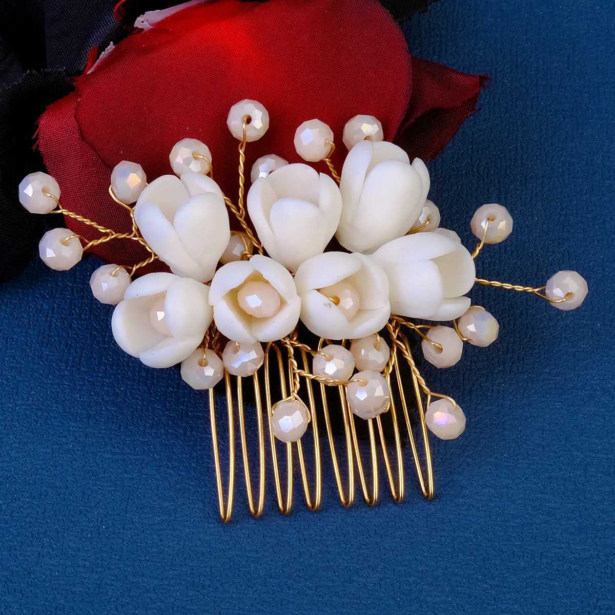 White Ceramics Flower Hair Combs Bride Wedding Hairpins Side Clips Pearl Headpiece Rhinestone Women Hair Jewelry AccessoriesX240913