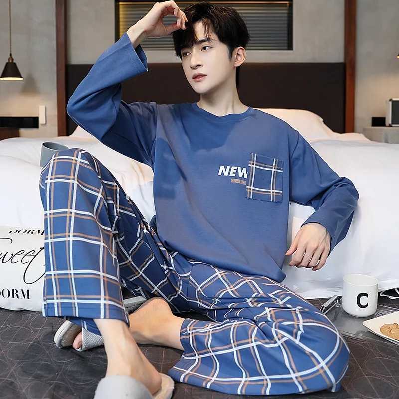 Mens Pajamas 2 Sets Of Homewear Mens Spring And Autumn Long-Sleeved Trousers Cotton Leisure Autumn And Winter Homewear Y240913