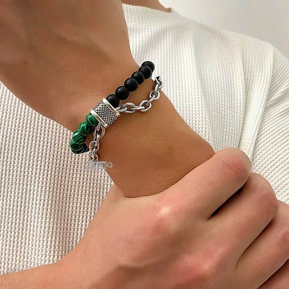 2-layer frosted black stainless steel chain bracelet mens tiger eye natural stone bead bracelet mens bead bracelet W240913