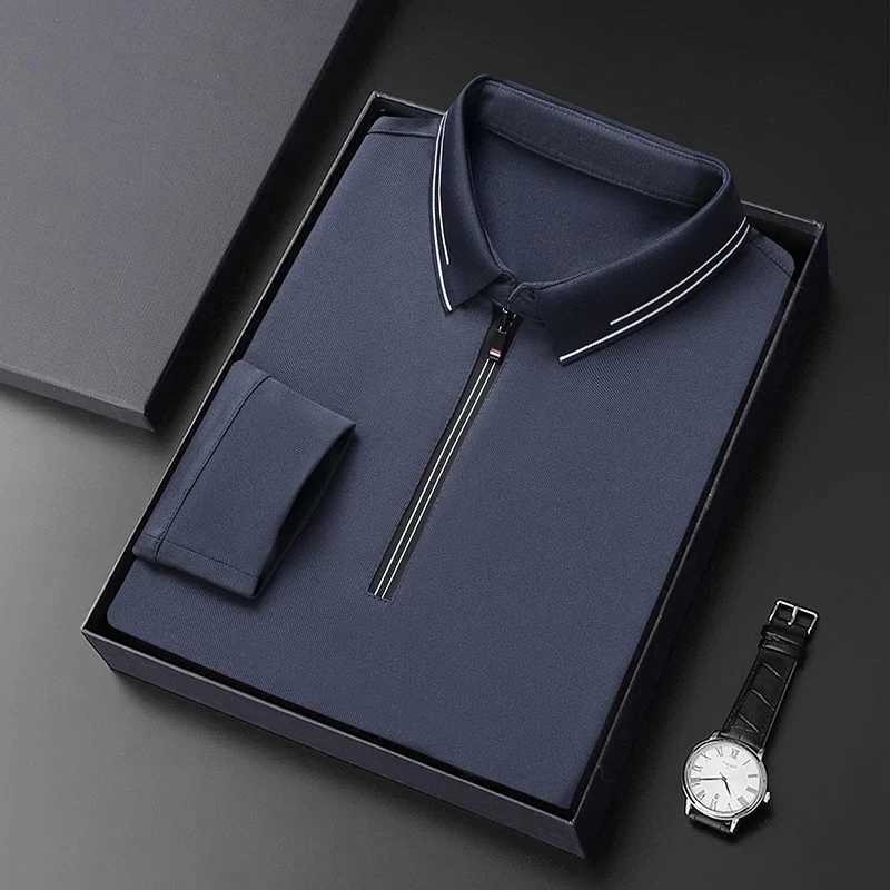 High end trendy zipper lapel long sleeved T-shirt for men in spring and autumn pleated resistance casual and loose fit suitable for business polo shir