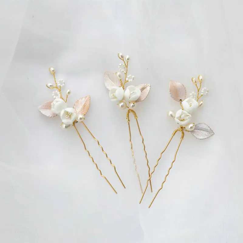 Romantic Gold Silver Color Leaf Bridal Hair Comb Delicate Ceramic Flowers Headpiece Natural Pearl Women Wedding AccessoriesX240913