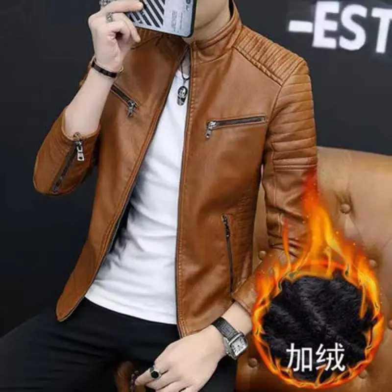 Autumn Winter Stand Collar Loose Casual PU Lether Jacket Male Add Velvet Warm Zipper Coat Men Trend Fashion Cardigan Top OutwearX240913
