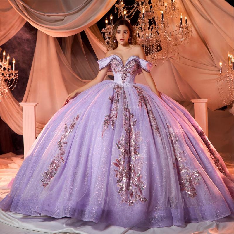 Lavender Lilac Gillter Princess Quinceanera Dresses Sequin Applique Lace Beads Crystal Tull Corset Lace Up Vestidos De Anos Party Sweet Dress D