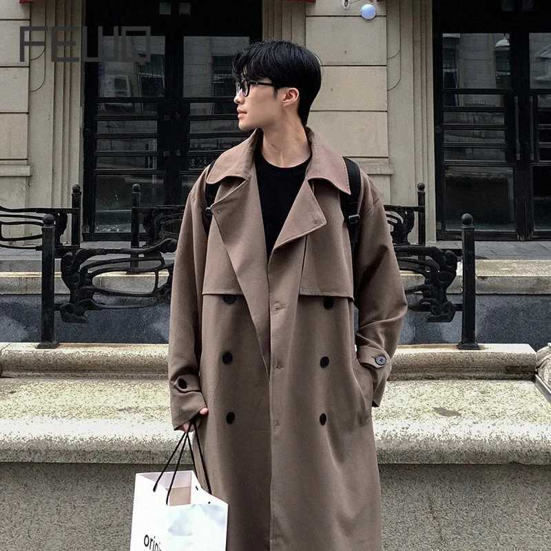FEWQ Mens Long Over Knee Windbreaker Coat Double Breasted Solid Color 2024 Korea Fashion Long Sleeve Male Trench 24E2055 Y240913