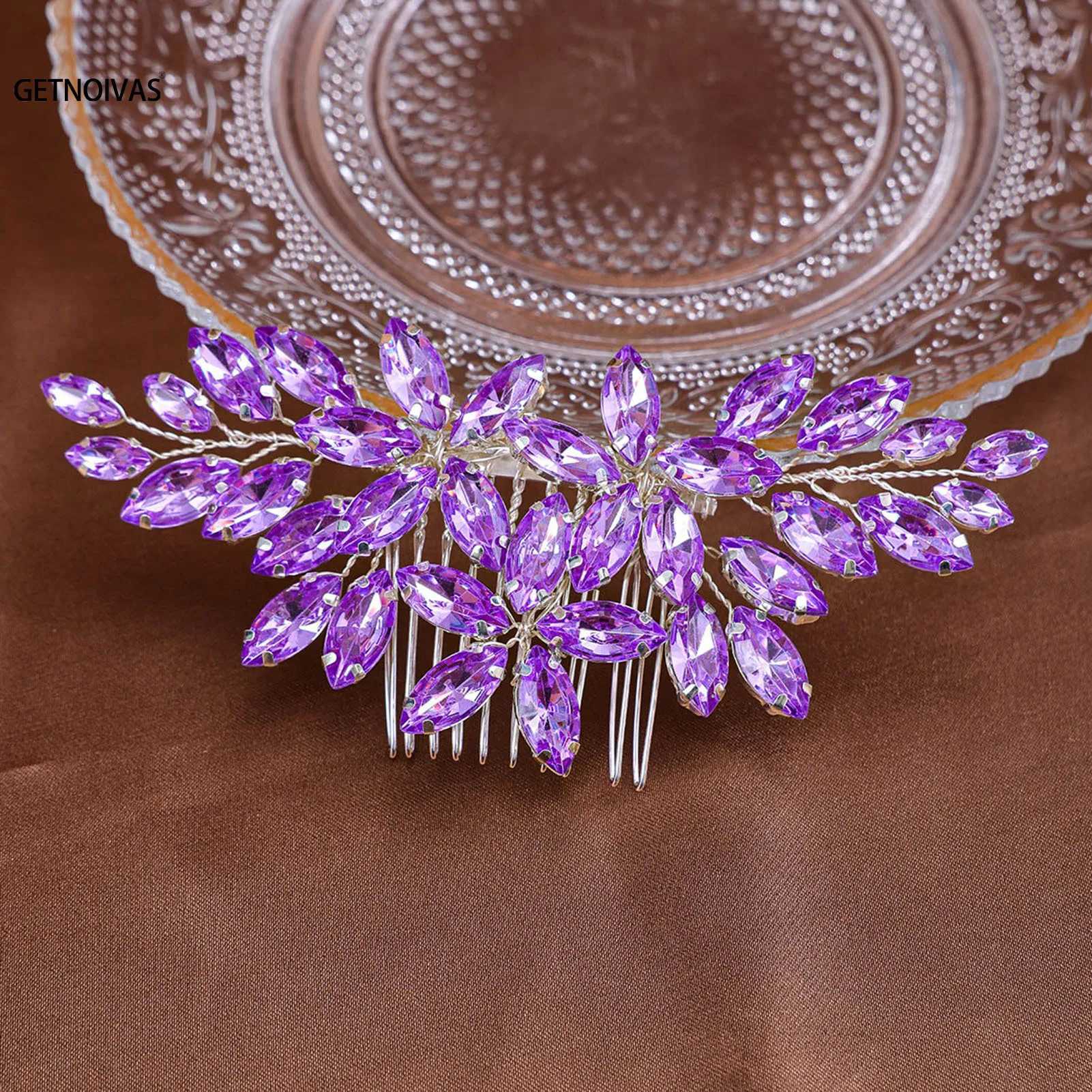 Purple Crystal Hair Comb Handmade Rhinestones Hairpins Fashion Metal Headpiece Bridal Tiaras Elegant Hair Accessory For WomenX240913