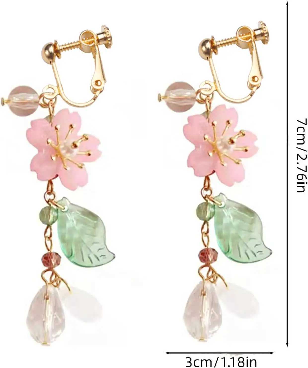 Pink Flower Clip on Dangle Earrings No Pierced for Women Crystal Leaf Dangling Earrings Statement Seaside Idyllic Birthday GiftX240913