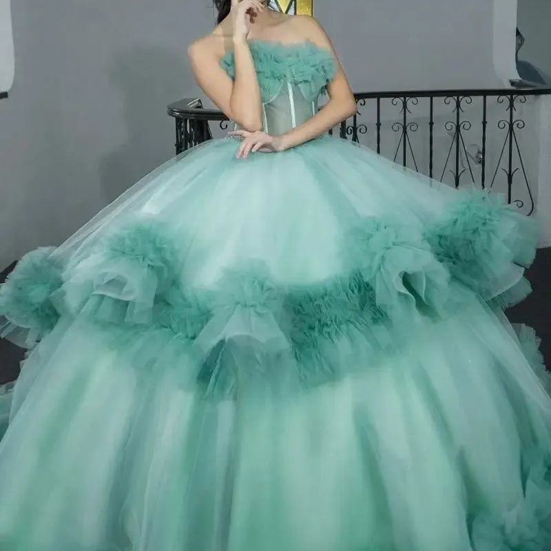 Light Green Quincenara Dresses Off The Shoulder Champagne Tull Tiered Quinceanera XV Sweet 16 Dress Ball Gown Vestido De 15 Anos