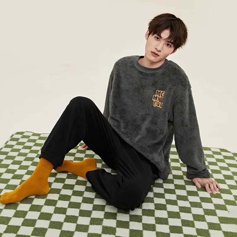 Semir Couple Pajamas Suit Men Autumn And Winter Thick Plus Velvet Cationic Fleece Lapel Cardigan Lace Home Pajamas For Man Y240913