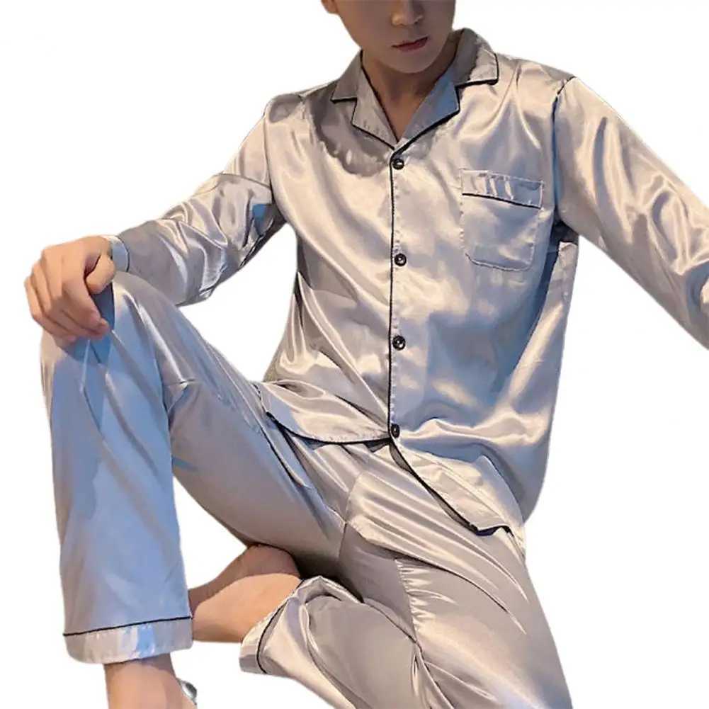 New Elegant Satin Mens Pajama Sets Long Button Sleepwear Male Sleeping Home Clothes Silk Night Wear Pijama Big Size Loungewear Y240913