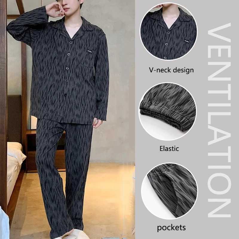 2pcs/Set Long-Sleeved Middle-Aged And Elderly Pajamas Mens Fall And Winter Casual Plus Size Black Mens Pajamas Homewear Breath Y240913
