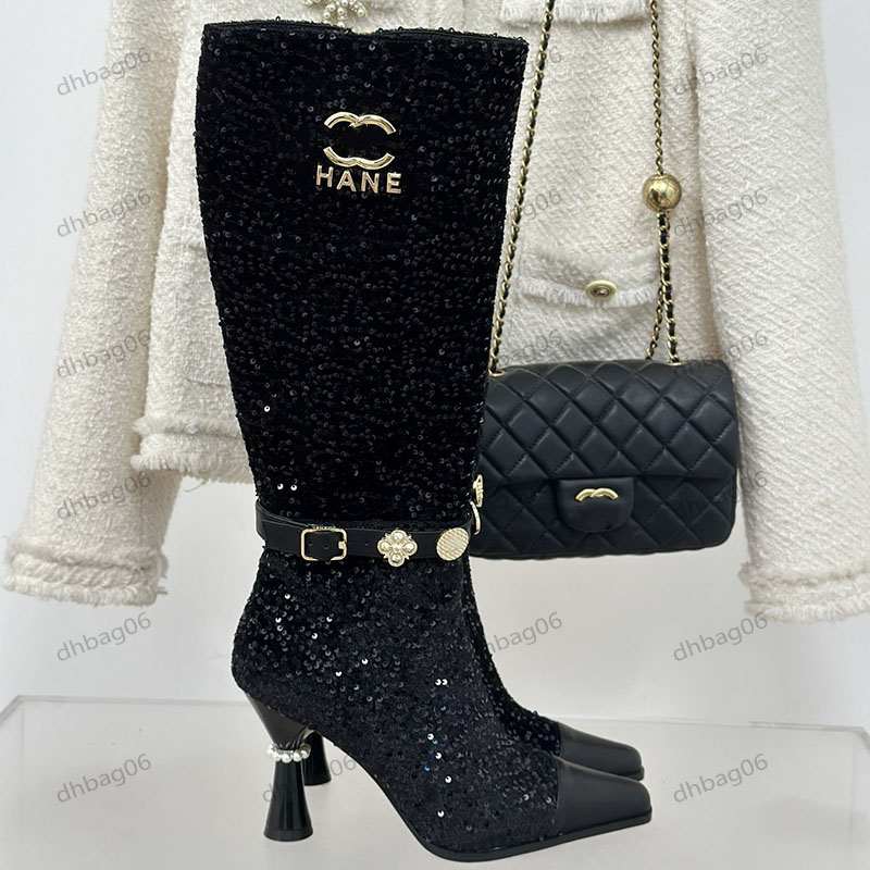 2024 Boots Glitter Gauze Zipper Strap Faux Pearl Calf Leather Boots Classic Knight Boot With Dust Bag