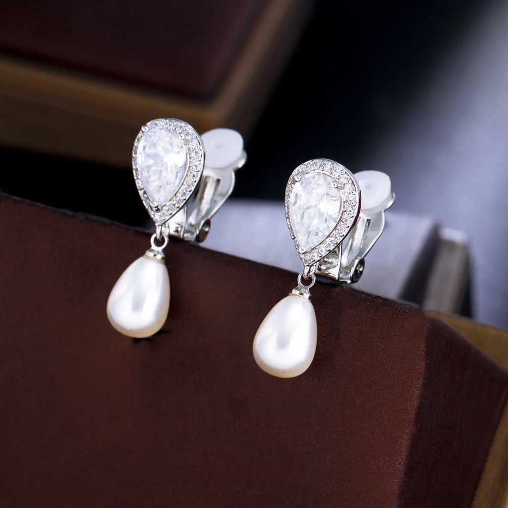 CWWZircons Elegant Design Shiny White Cubic Zircon Dangly Bridal Wedding Party Clip on Pearl Earrings No Piercing Hole CZ496X240913