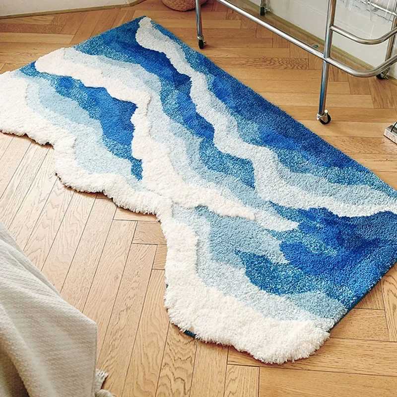 Carpets Aesthetic Wave Rug High-Quality Flocking Antislip Carpet Bathroom Blue Sea Tufted Carpet House Decoration Kid Room Bedside Rug Q240910