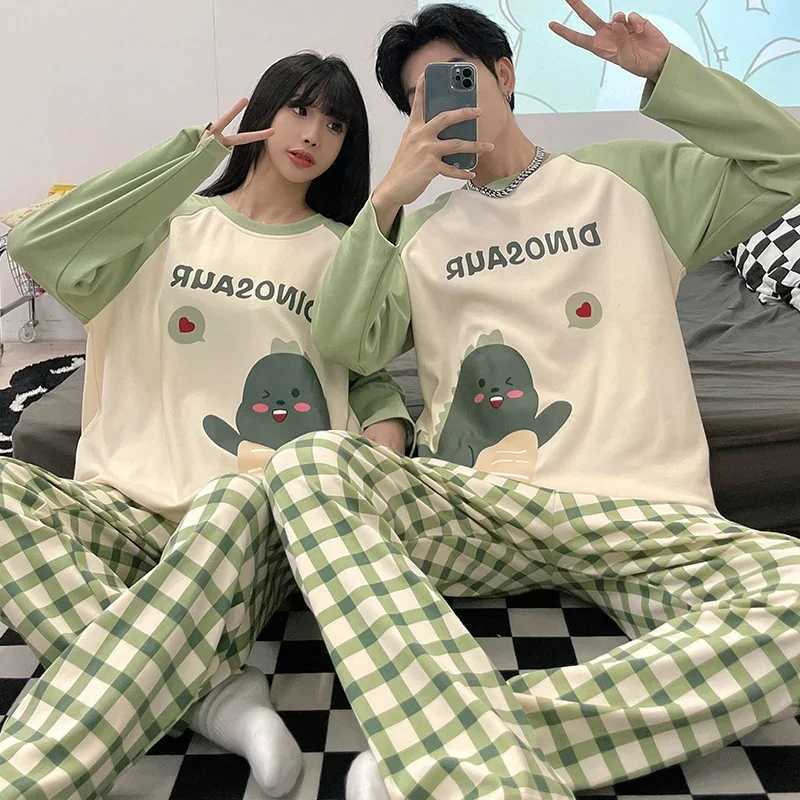 Dinosaur cartoon sleepwear cotton pajamas couple long sleeves pyjamas suit pijama women men loungewear plus size PJs home clothe Y240913