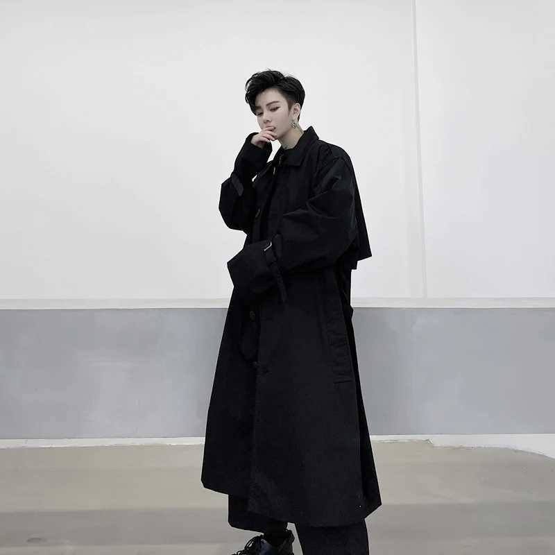 Hairstylist windbreaker mens Korean fashion mid long cool off the knee coat British style autumn ins couple coat Y240913