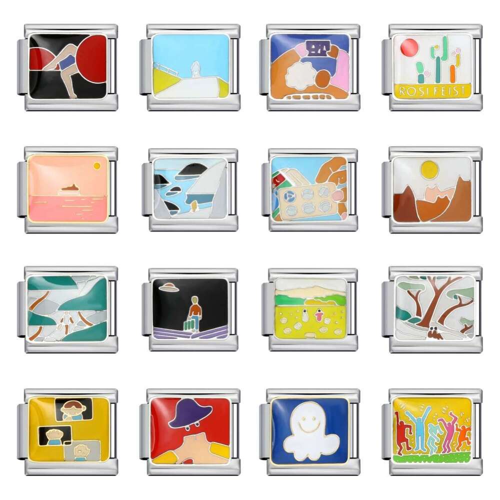 Fresh Illustration Series Bead Bracelet Titanium Gold Plated Enamel DIY Welding Pattern Strap Chain Italian Charm Links Fit 9Mm Bracelet Jewelry DIY M